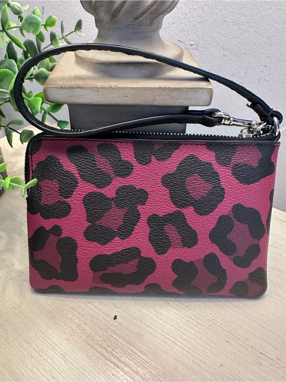 Coach Ocelot Leopard Print Pink and Black Corner Zip Wristlet - Picture 2 of 9